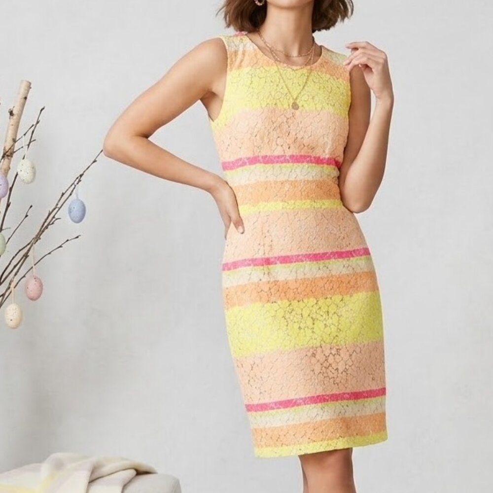 Ann Taylor Neon Striped Floral Lace Sheath Dress Pink Yellow Orange 6P